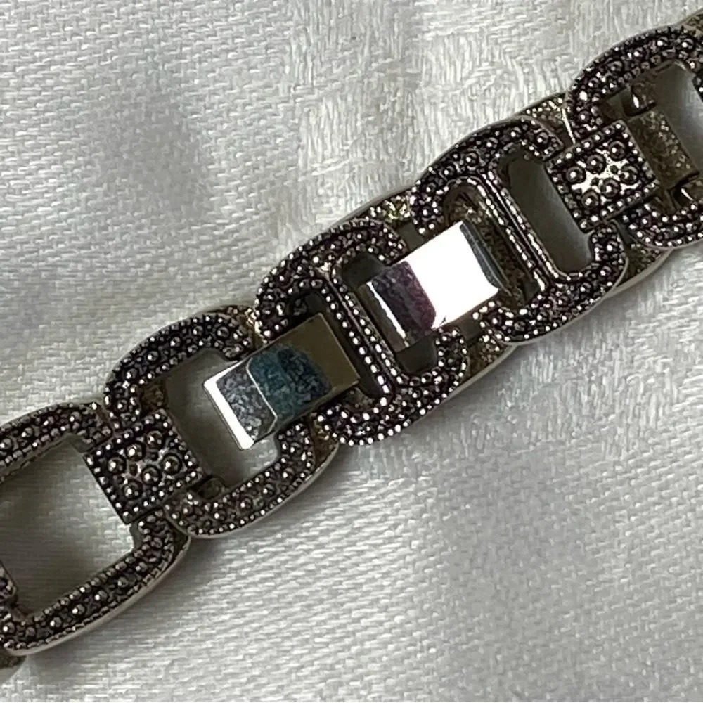 Art Deco Style Antiqued Silver Tone Faux Marcasite Rectangle Link Chain Bracelet